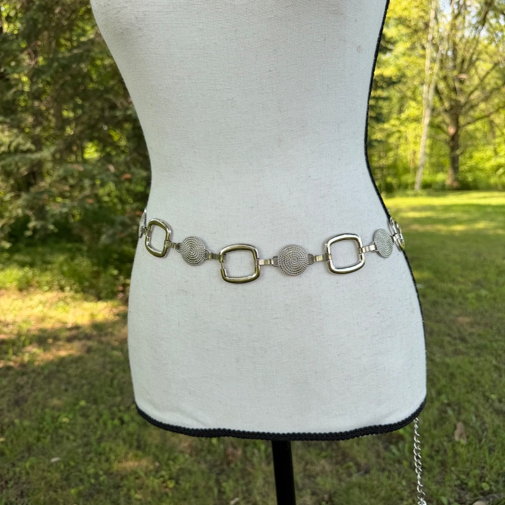 Y2K Whimsigoth Silver Metal Chain Belt Textured Mandala Circles Boho Grunge